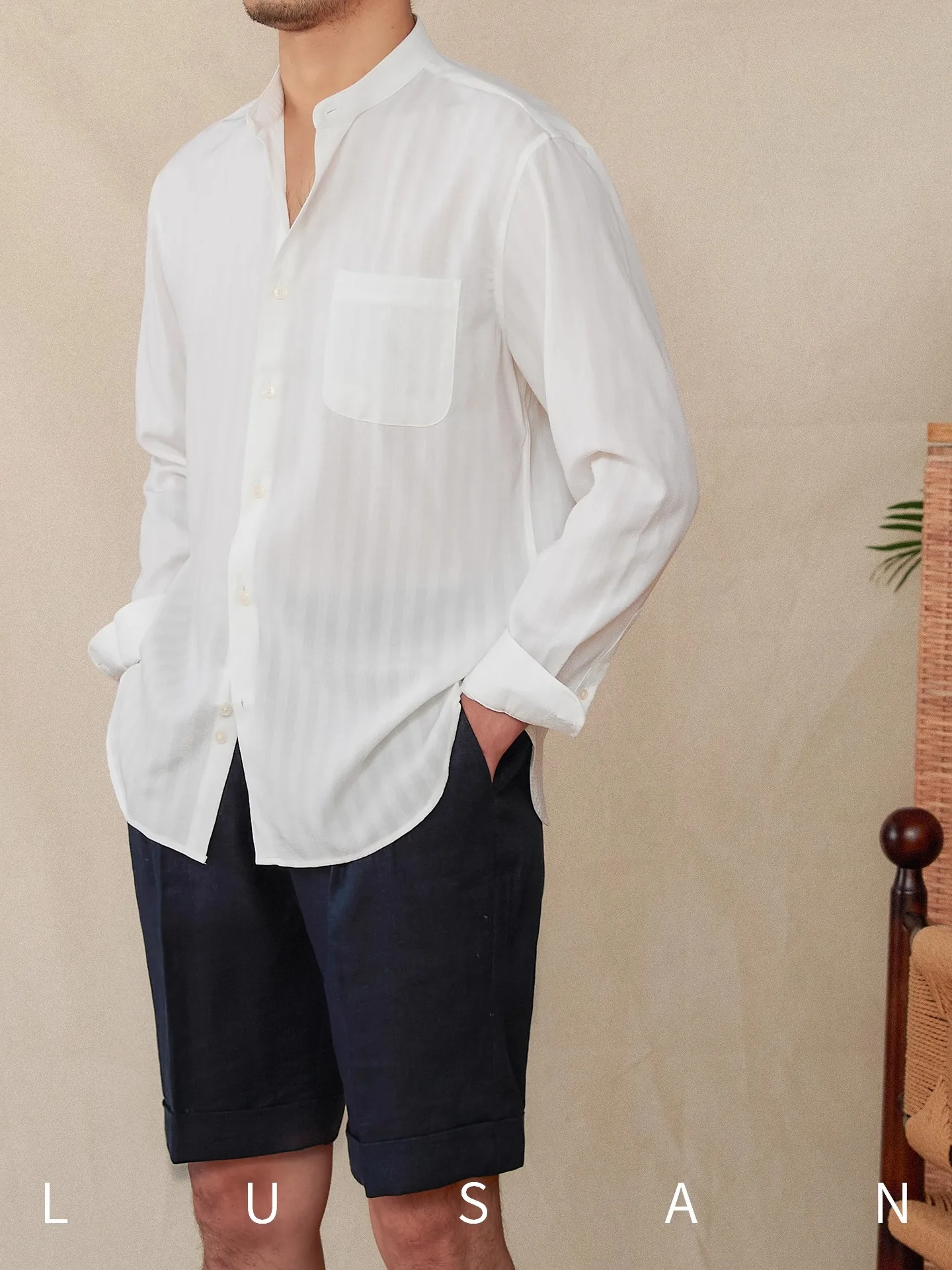 

Men's Summer Loose Long Sleeve Shirt Stand Up Collar Puffon Striped Casual Shirt Breathable Cool Outdoor Shirt