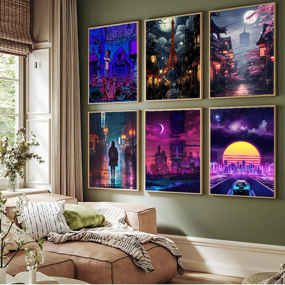 

80S Neon City Street DIY Sticky Poster Fancy Wall Sticker For Living Room Bar Decoration Wall Decor