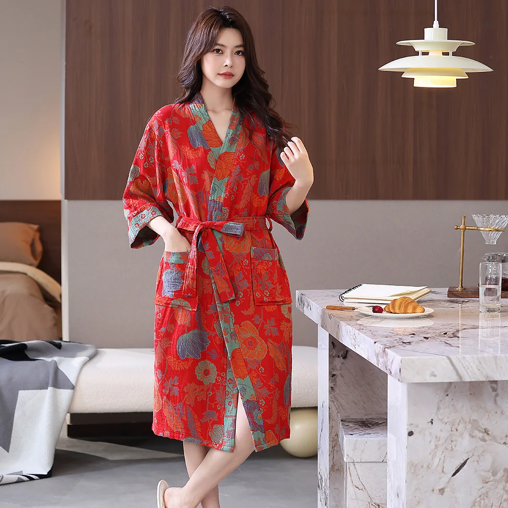 100 Cotton Double Layer Gauze Bathrobe Spring Summer Light Couple Kimono Sleepwear Floral Absorbent Quick Dry Class A Multi Size