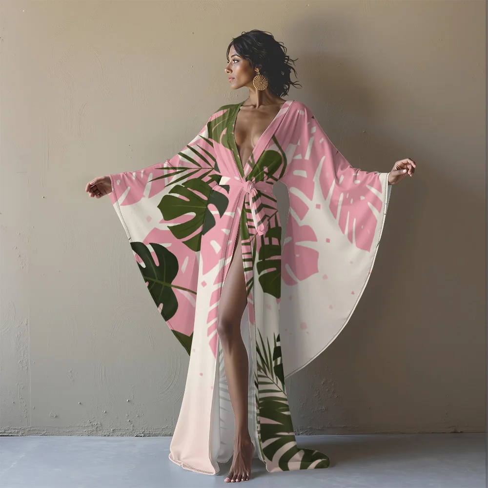 Elegant Open-Front Long Kimono with Side Slit and Bell Sleeves Tropical Plant Design Stylish Cover-Up Robe for Vacation or Home