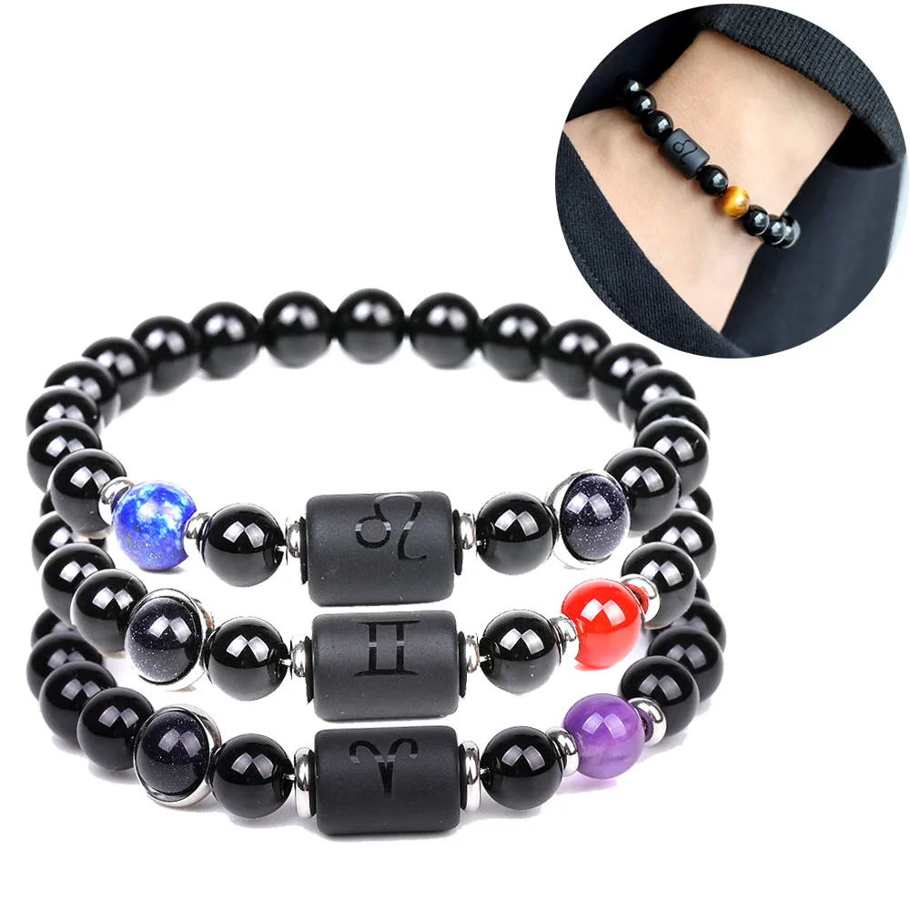 12 Zodiac Beads Charms Matte Black Onyx Constellation Beads Cylinder Pendant For DIY Making Jewelry Findings Bracelets Neckalces