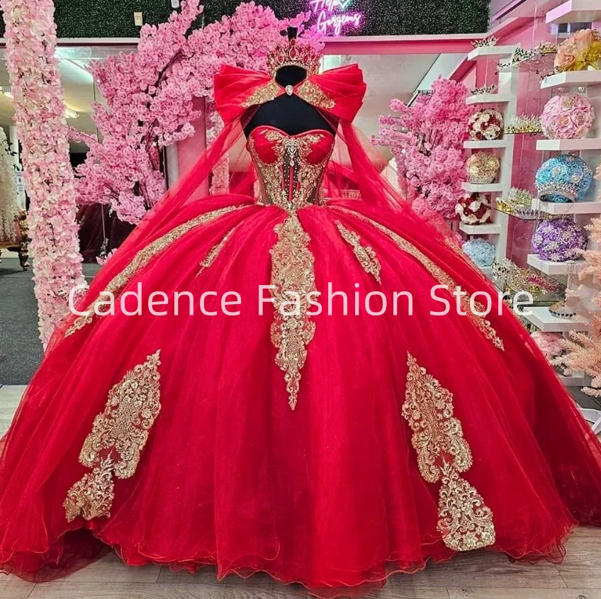 Robes de Rhcorset de princesse rouge personnalisées, appliques de perles dorées, robe de Quinceanera, fête du 15e anniversaire, luxe