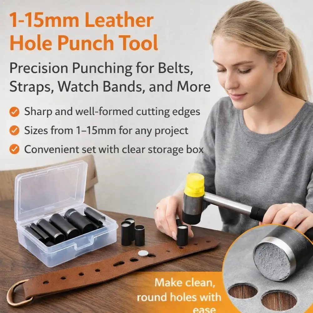 

15 Sizes Round Hole Punch(1-15mm), Hollow Punch Cutter Tool Set with Storage Case, Leather Hole Punch, Leather Craft Die Cutter