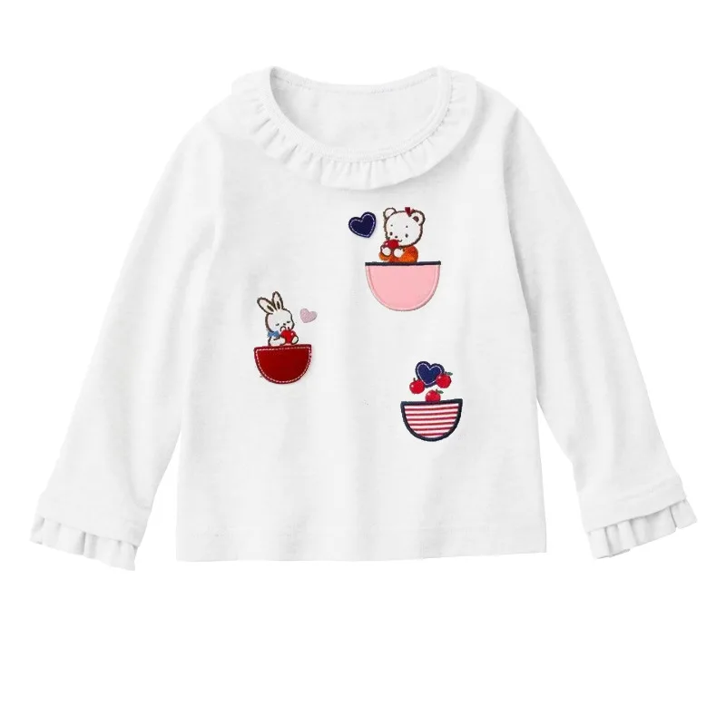 Family Children's Clothes Girls' Clothes Cartoon Love Rabbit Embroidery Doll Collar Long Sleeve T-shirt Underwear