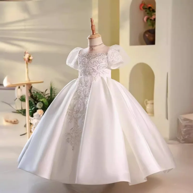 White Princess Dress Flower Girl Wedding Little Girl Dress High-end Children's Piano Performance Catwalk Birthday Puffy Dress