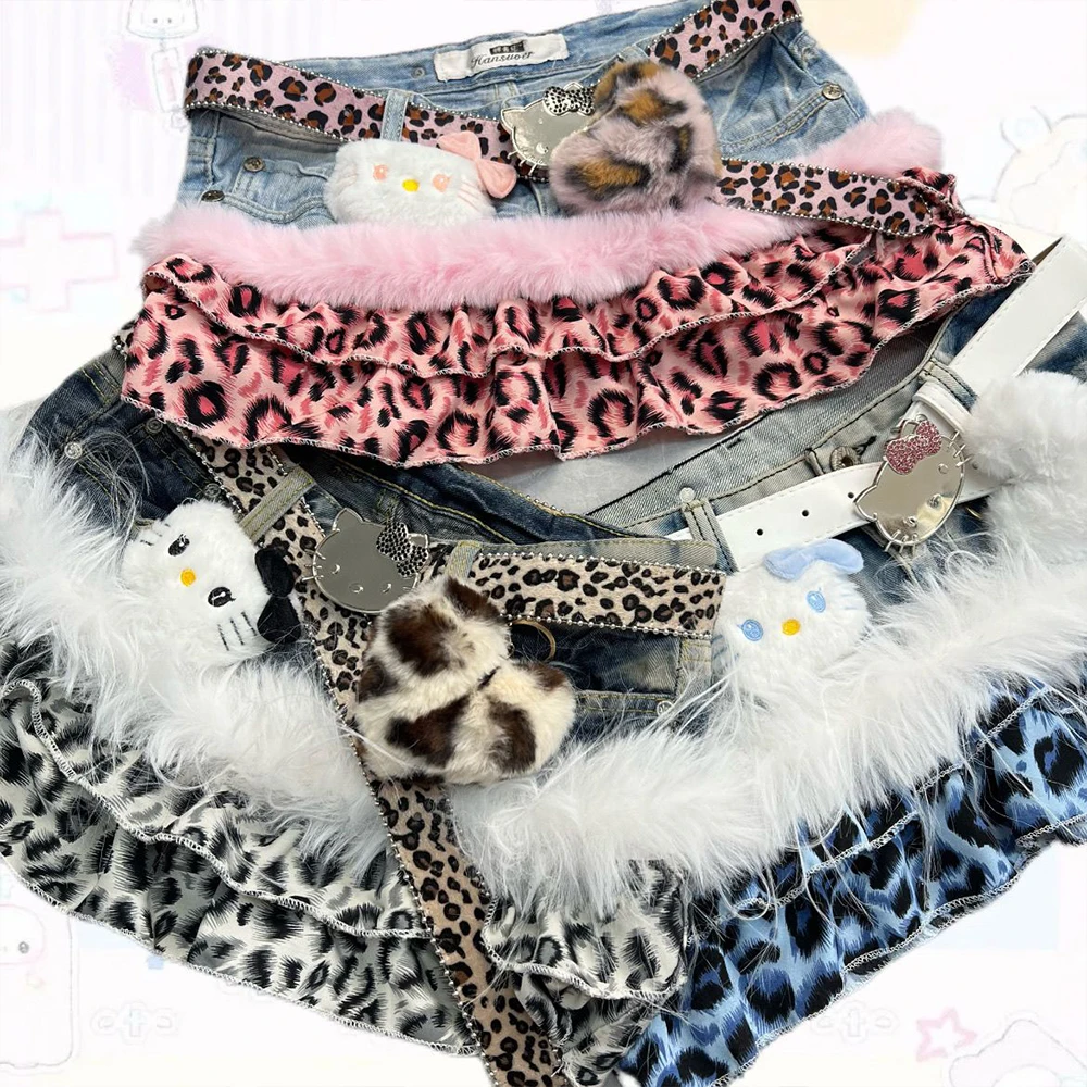 

Y2K Hello Kitty Fashion Leopard Denim Mini Skirt Women's Low Waist Fur Bordered Ruffle Skirt with Belt Harajuku Girl Streetwear
