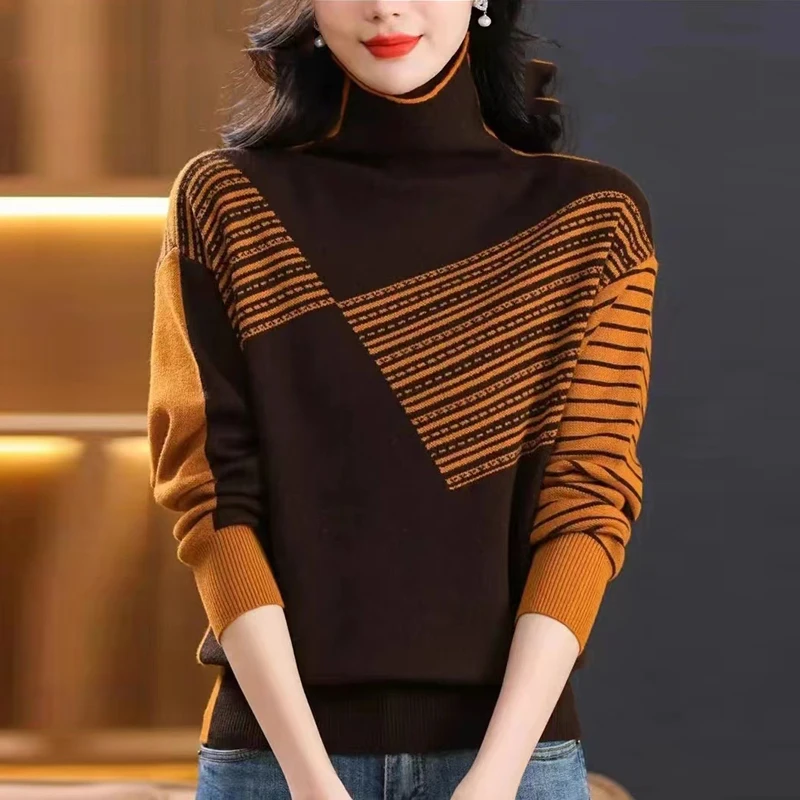 เสื้อสเวตเตอร์แบบสวมหัวถักลายทางสำหรับผู้หญิงเสื้อผ้าฤดูใบไม้ร่วง2024ใหม่เสื้อคอเต่าแฟชั่นอบอุ่นพื้นหนาสลิม
