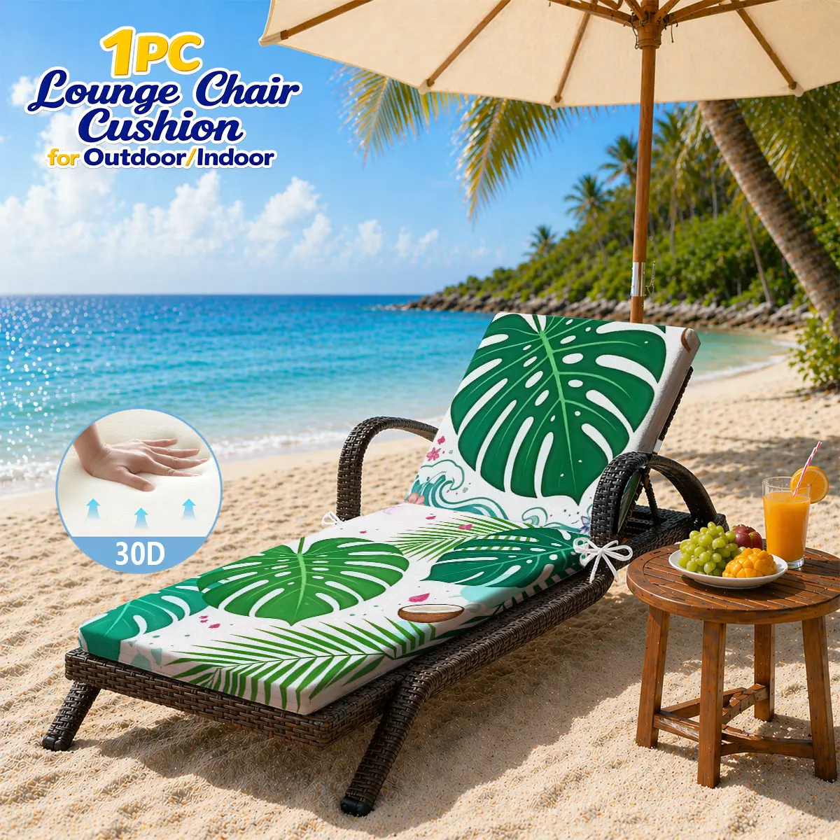 

Hawaiian Beach Chair Pad, Soft Cushion, Quick Dry & Easy Clean, Non-slip Strap, UV Res., Breathable, Indoor/Outdoor Recliner Mat