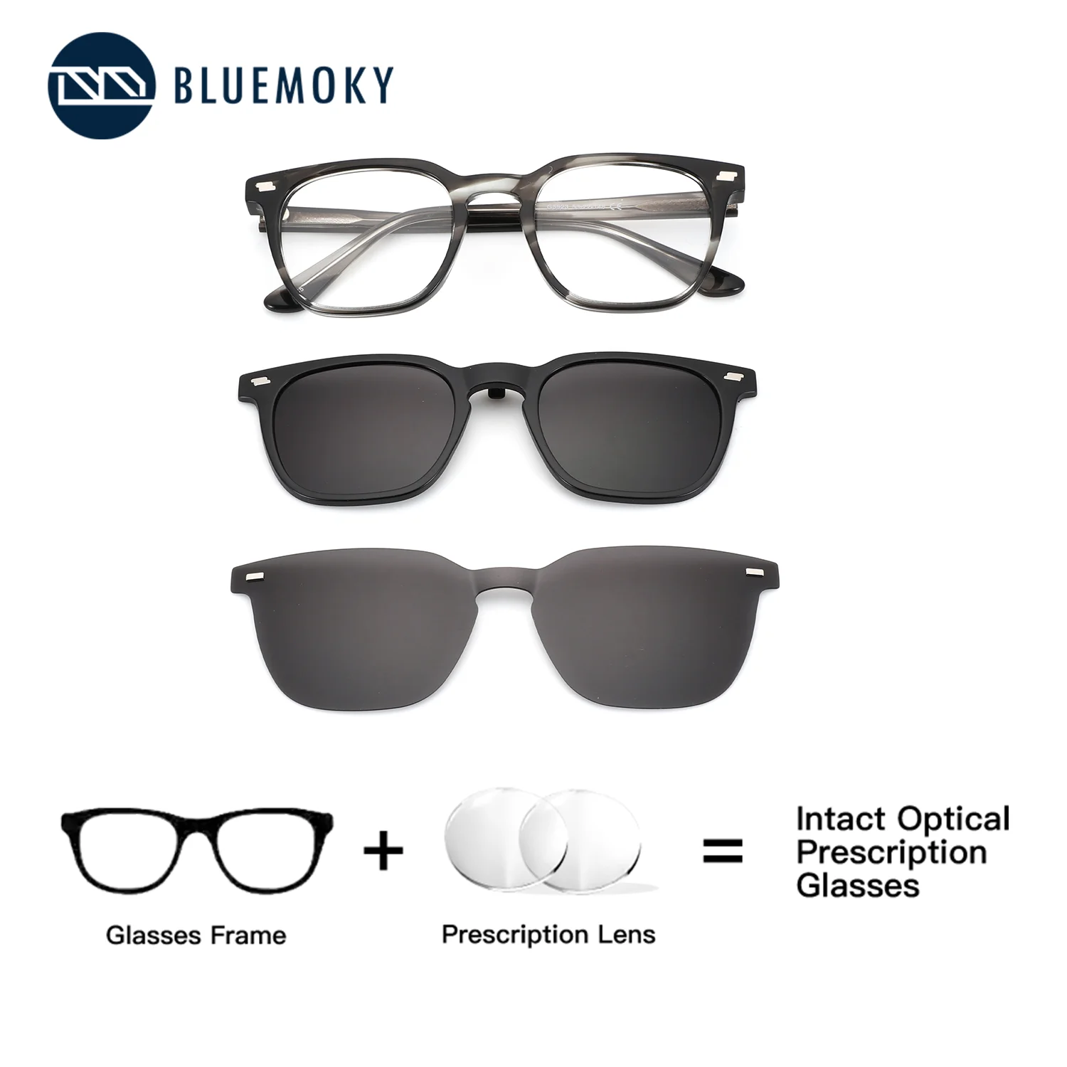 

BLUEMOKY Acetate Men's Square Prescription Glasses,Magnetic Clip Polarized Protection Uv400,Progressive Myopia Correction Lenses