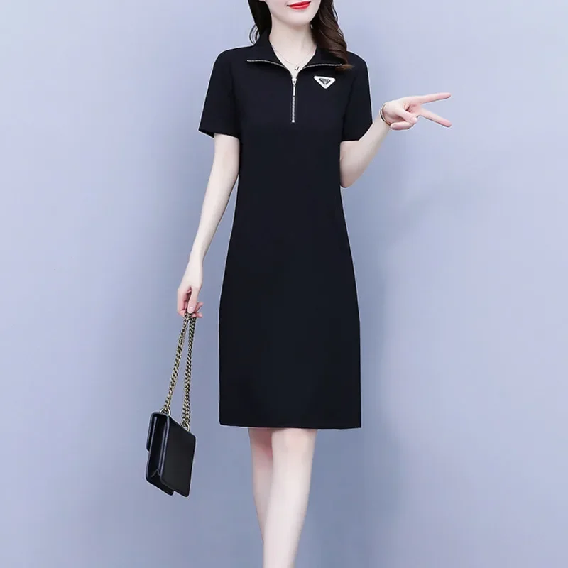 Schwarz gestreiftes T-Shirt Kleid Kurzarm schlanke koreanische Stil Baumwolle Mini kleid Turn-Down-Kragen Reiß verschluss Büro taschen Sommer