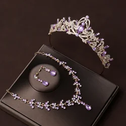 Bridal Headwear Purple-color Classical Style Mysterious Ladies' Noble Bridal Tiara Necklace Earrings 4 Pcs Set