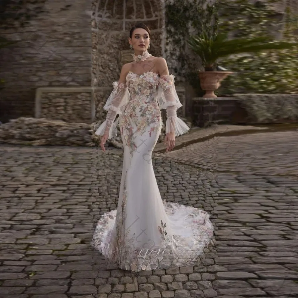 Customized Mermaid Wedding Dresses Sweetheart Detachable Sleeve Multicolor Floral Appliqué Vestidos Fascinating Bridal Gown
