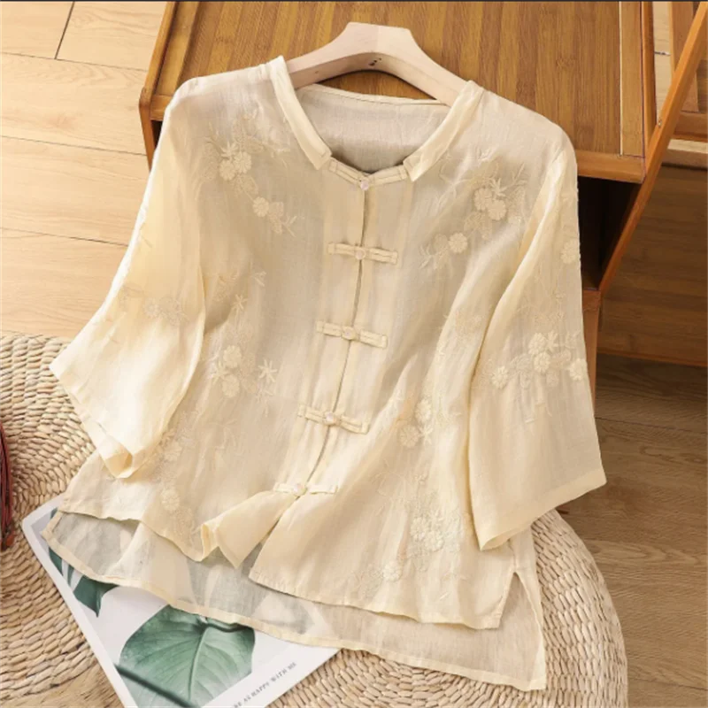 Vintage Buttoned Cotton Linen Shirt Ladies Blouse Retro Chinese Tops Summer Thin Female Clothes Embroidered Loose Blous