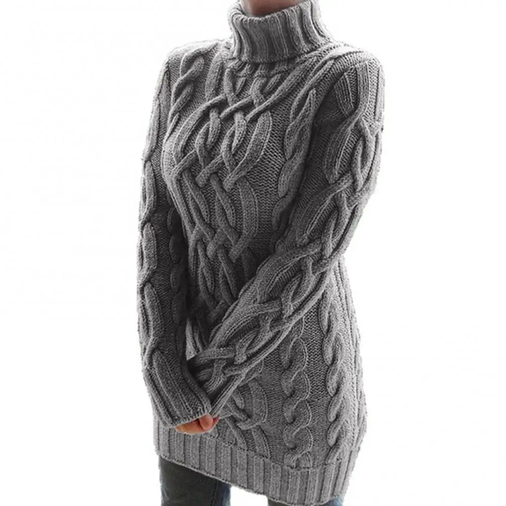 Autumn and Winter Knit Dress Women Turtleneck Twist Knitted Long Sleeve Warm Sweater Mini Dress