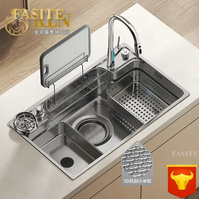 For 304 Stainless Steel Kitchen Sink Large Single Bowl Silver Japanese Style Embossed Surface Dishwasher Safe Vegetable