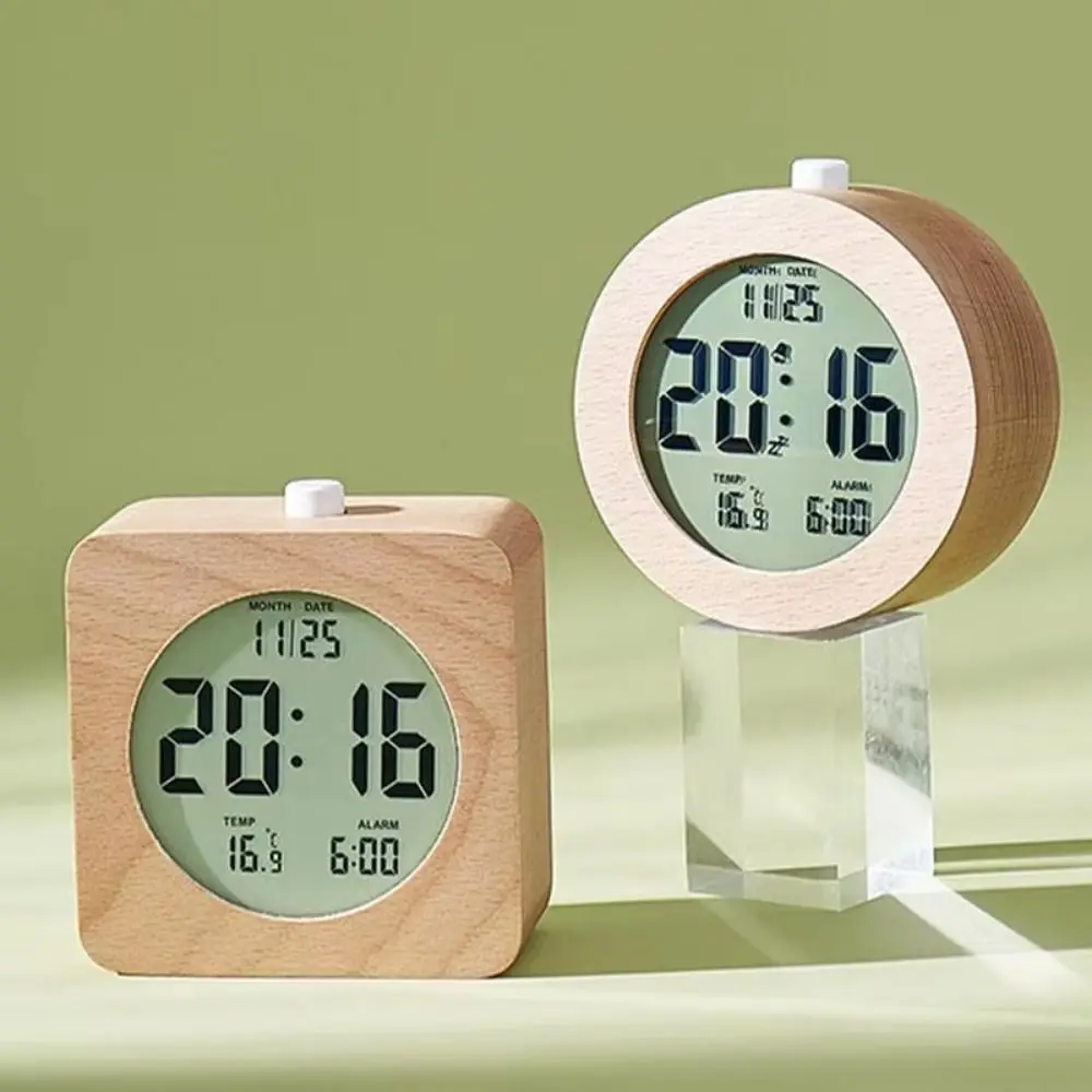 

Round/Square Wooden Alarm Clock Nordic Style Silent Multifunctional Electronic Clock Snooze Mode Date Temperature Display