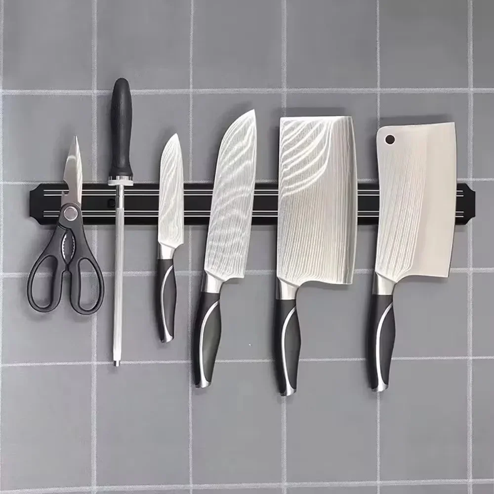 Powerful Magnetic Knife Holder Multifunctional Wall Hanging Knife Rack Strip Black Kitchen Practical Tools Organizer Punch Free
