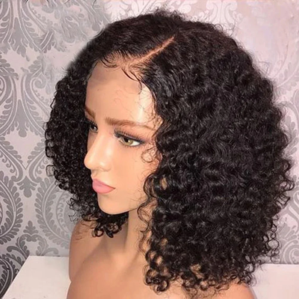 

Curly Bob Wig Human Hair Brazilian Virgin Hair Deep Wave Short Bob 13x4 Lace Front Wig 220% Density for Women Natural Black #1B