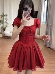 Pure Color Beautiful Popular Short Red Dress Women Summer 2024 Princess Sweet Lace Clothing Female Square Collar Sexy Mini Dress