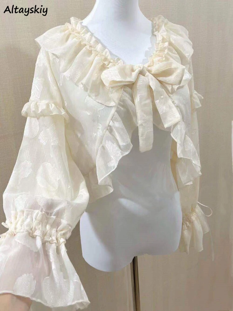 Women Blouses Ruffles Lolita Style Simple Girls Summer Long Sleeve Leisure Tops Outwear All-match Creativity Sunscreen Temper