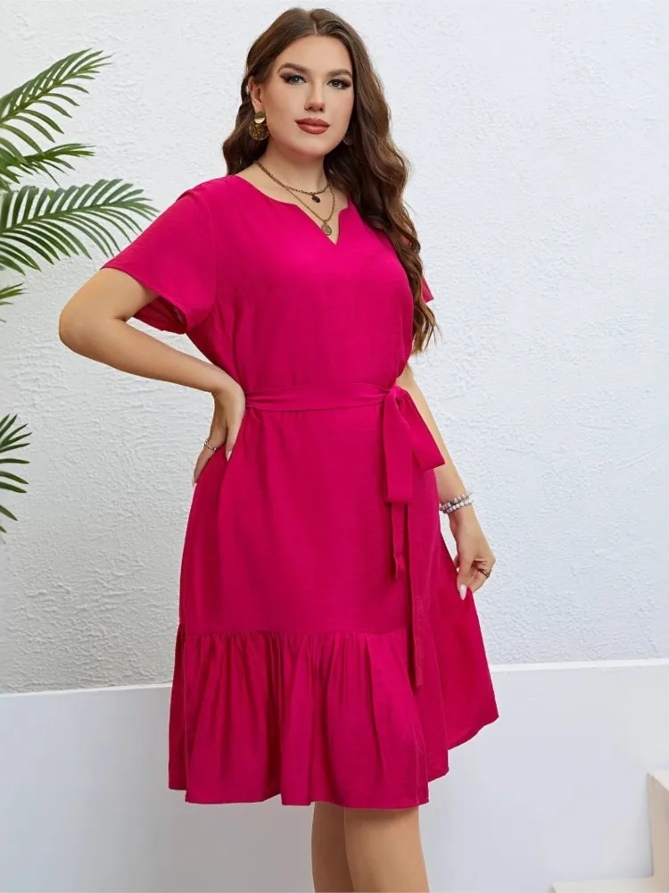 Plus Size Summer V-Neck Dress Women Ruffle Fashion Casual Loose Pleated Ladies Midi Dresses Short Sleeve Woman Dress