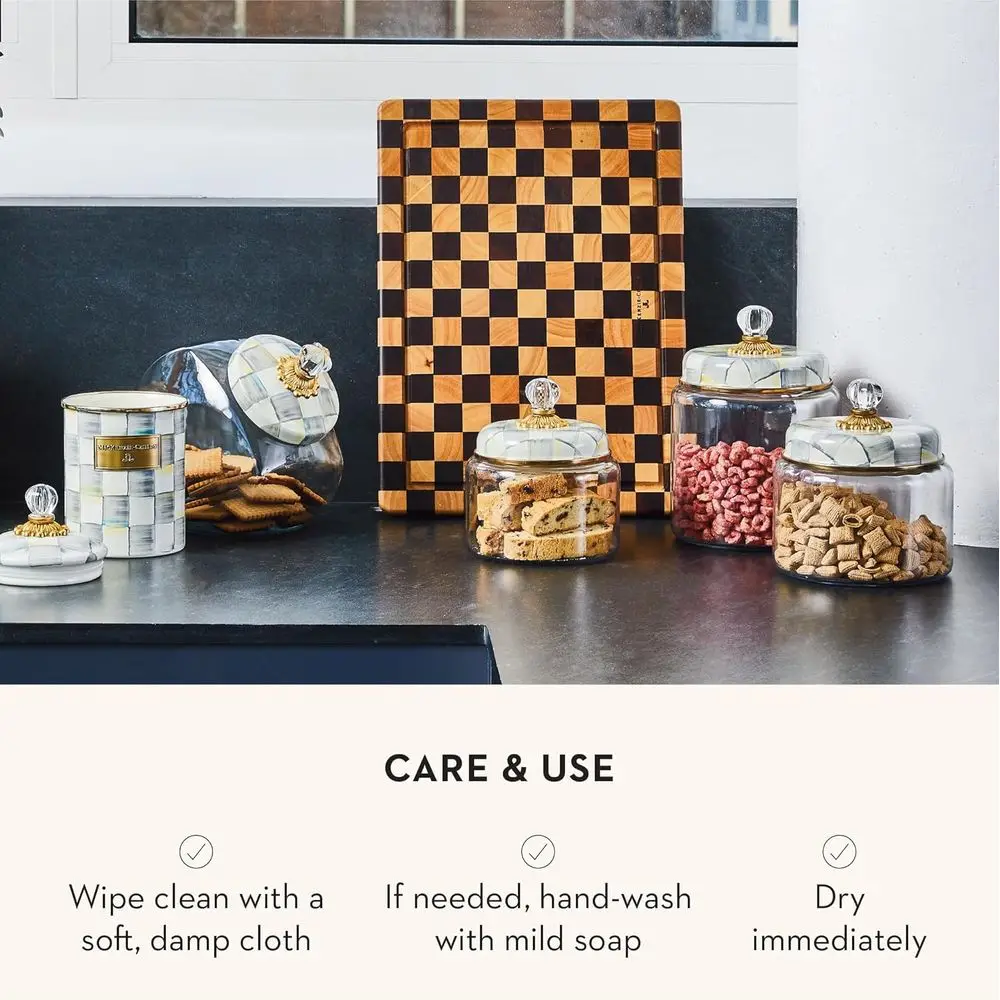 علبة مطبخ زجاجية مزخرفة باللونين الرمادي والأبيض مع غطاء، وعاء تخزين صغير بنمط فحص الاسترليني #5