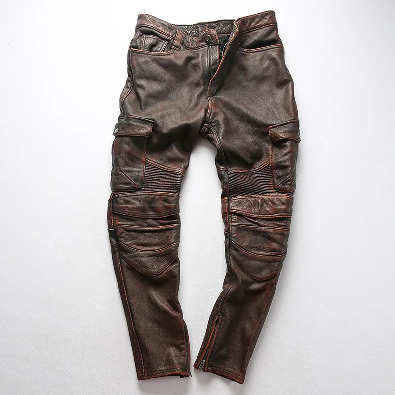 

Men's real leather pants do old long pants can be installed with protective gear multi pocket cowhide full grain cow leather