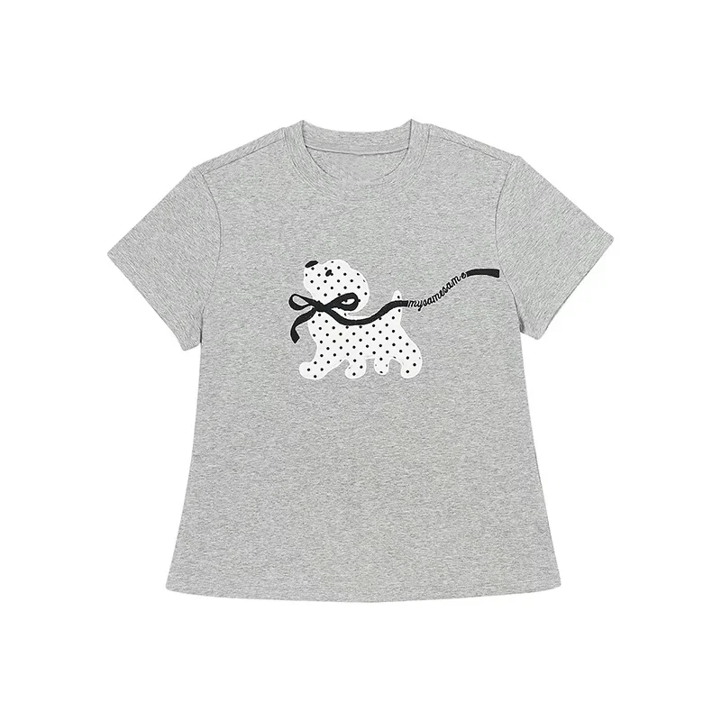 Damen Y2K Graues Cropped T-Shirt mit Rundhalsausschnitt, Dalmatiner-Hund-Schleifendruck, Kurzarm, Slim Fit, Süßes Casual Streetwear T-Shirt – Detail 10