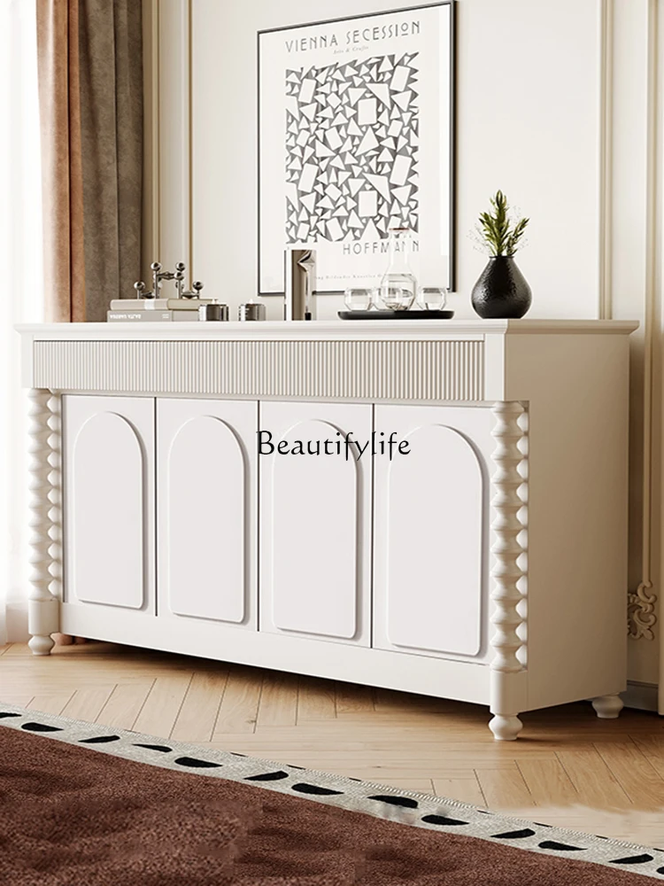 

French Retro Entrance Cabinet White Solid Wood Living Room American Console Tables Light Luxury Storage Cabinet