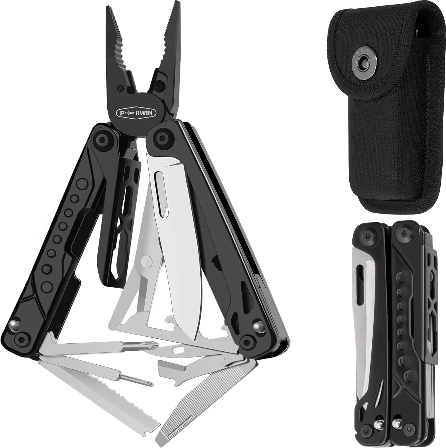 

20-in-1 Stainless Steel Multi-Tool with Safe Locking, Nylon Sheath for Survival, Camping, Hunting
