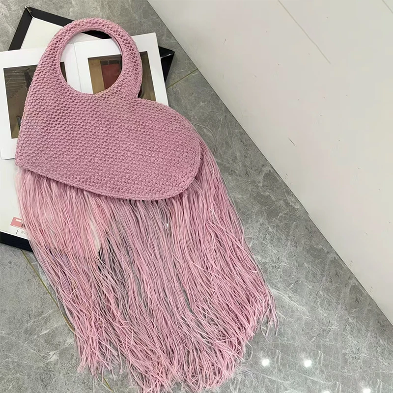 

Creative Bohemian Tassel Braided Armpit Bag Luxury Love Heart Design Large Capacity Boho Beach Bag Handmade Woven Tassel Handbag
