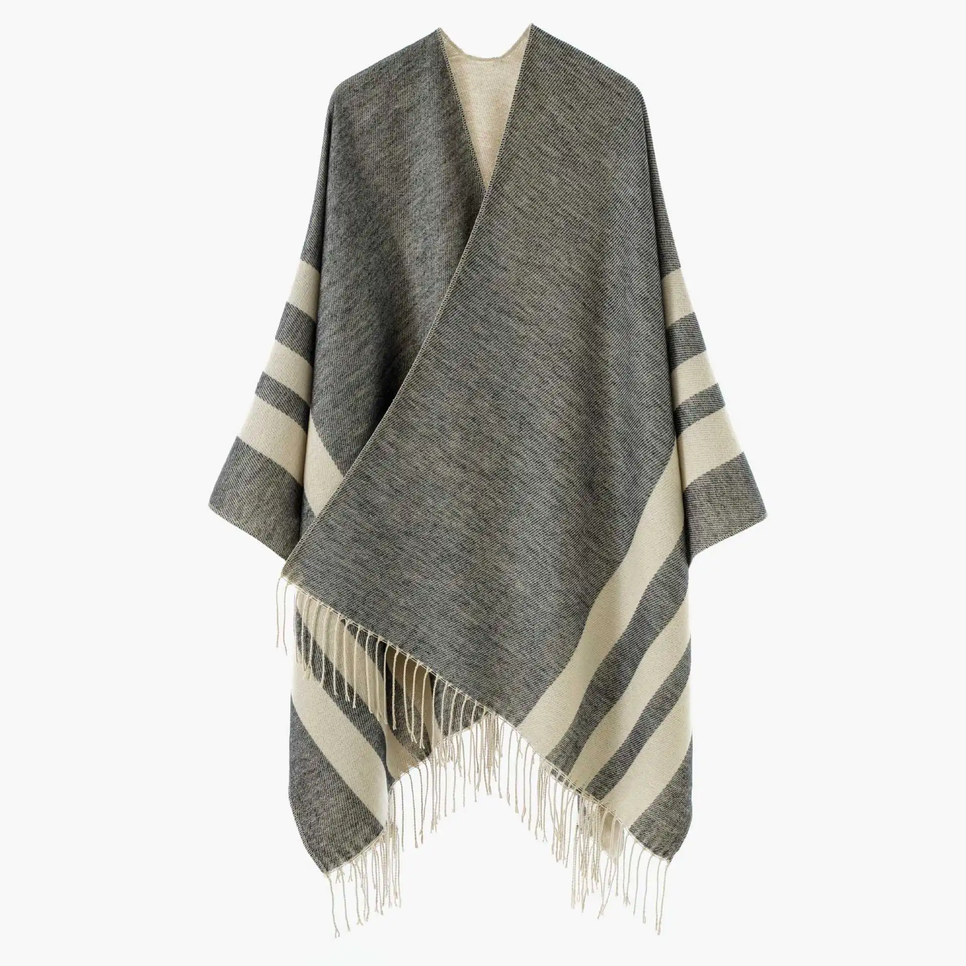 Double-Sided Cashmere-Like Wrap Women's Loose V-Neck Tassel-Collar Cowl Neck Poncho in Green And Brown Stripes Vintage Style
