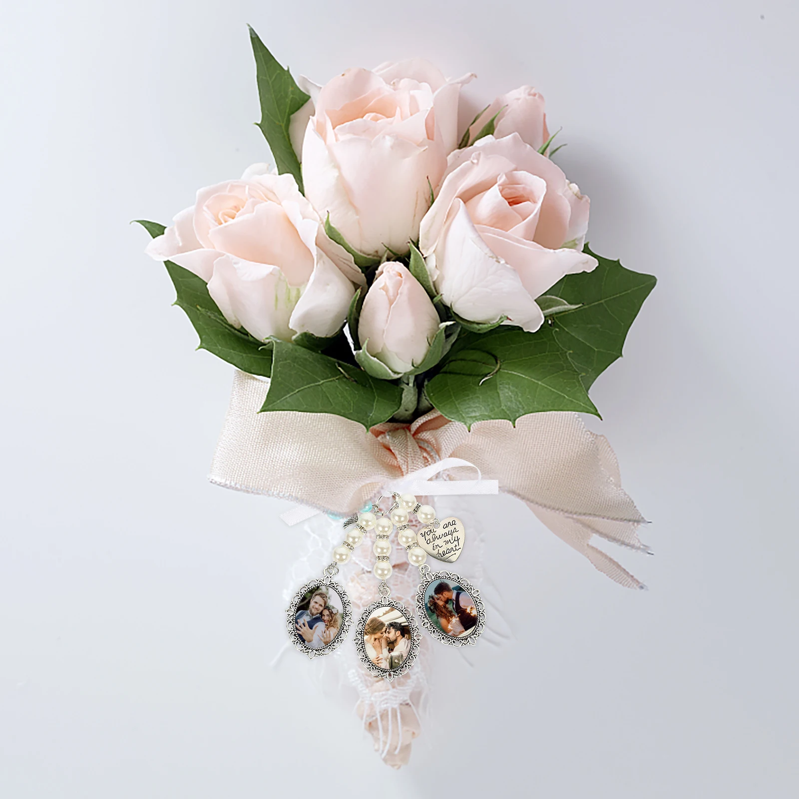 

Pearl Heart Pendant DIY Photo Charms Wedding Bouquet Bridal Memory Necklace Craft Accessories Picture Frame Trays Memorial