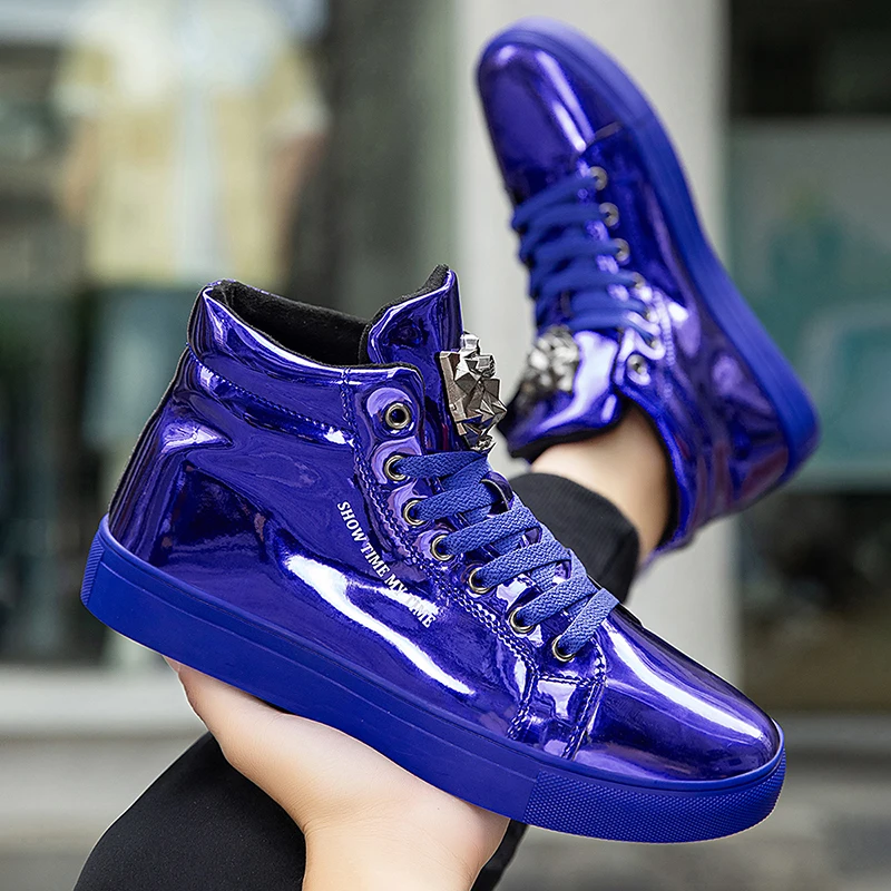 

Luxury Men Casual Sneakers Glossy Shiny Patent Leather Shoes Fashion Walking Shoes Street Style Hip Hop Men's Board Shoes
