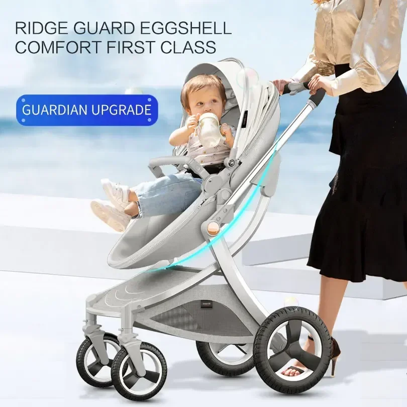 High Quality 3 in 1 Luxury PU Leather Baby Push Chair Aluminium Frame Egg Shell Baby Stroller with Big Wheels