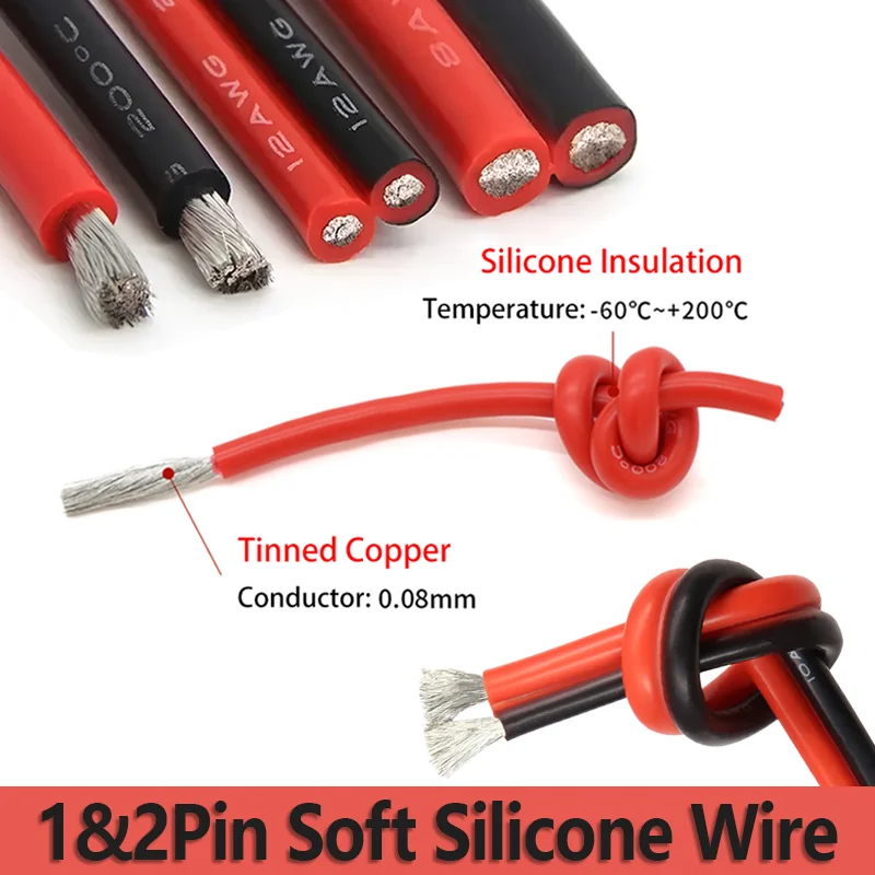 1&2Pin Soft Silicone Wire 3-10M Tinned Copper 8-30AWG Red Black High Temperature Resistant Car Battery Automotive Electrical Cab