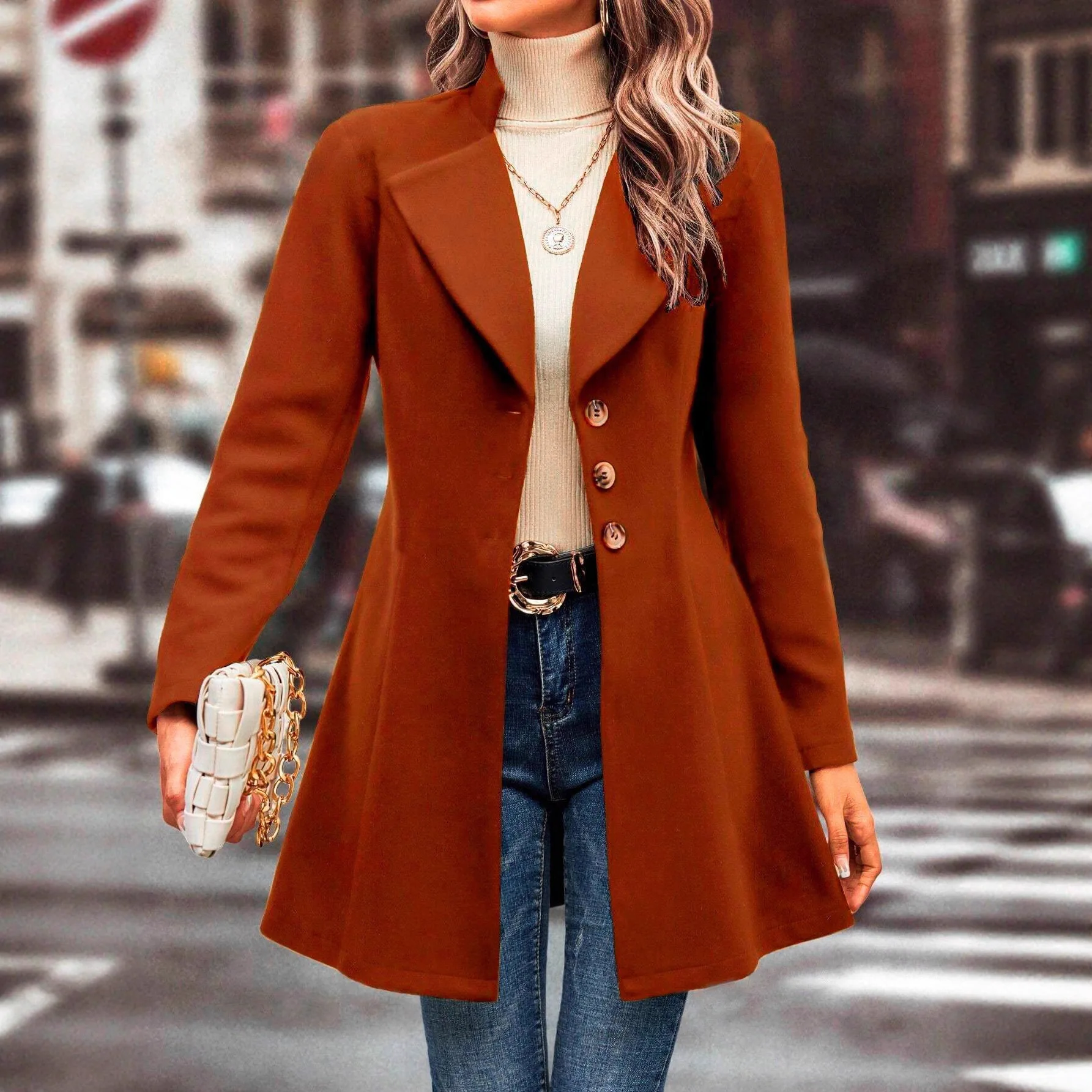 

Осень-зима, новая мода, женское облегающее пальто с лацканами, простые однотонные модные женские шерстяные пальто