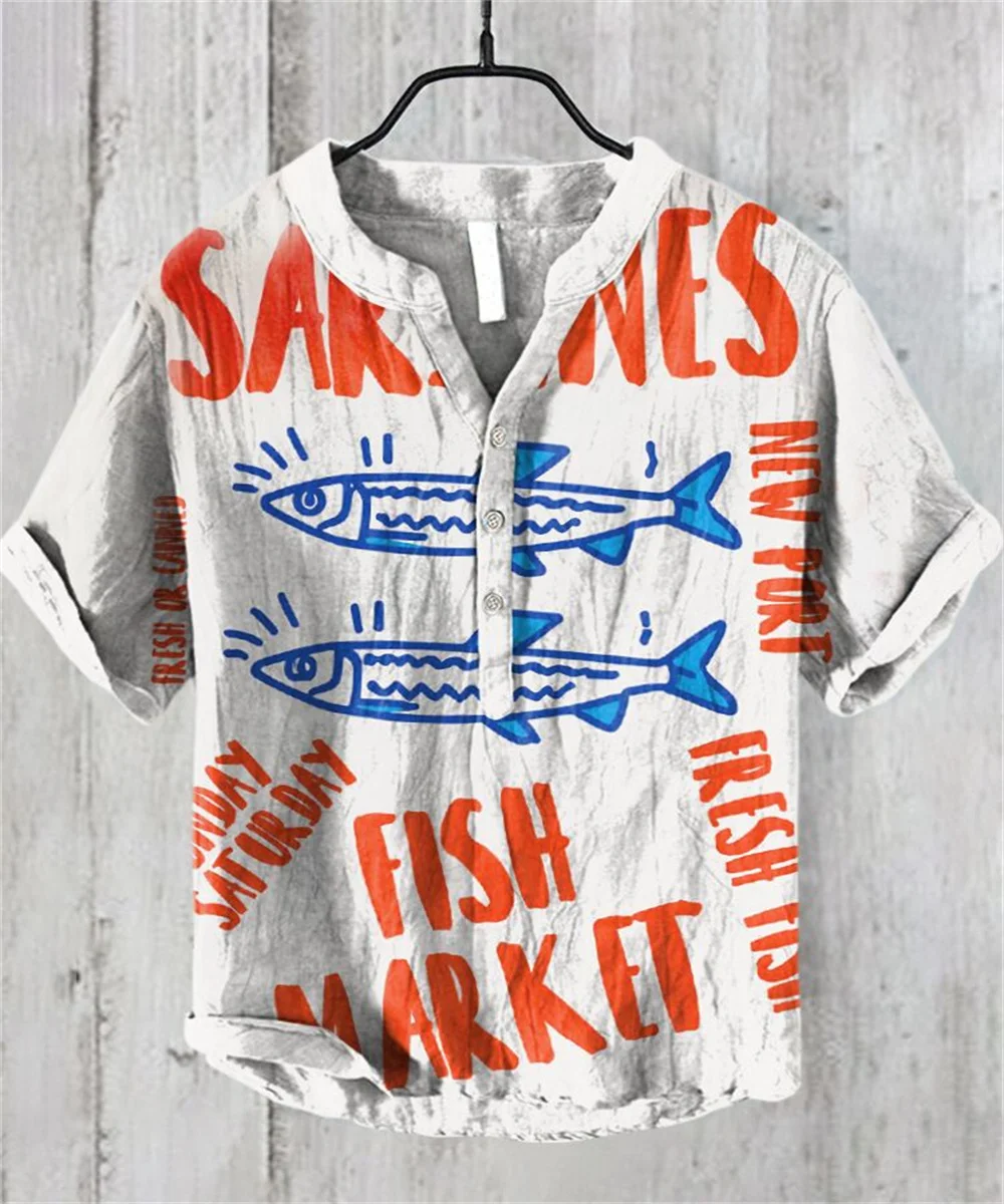 Summer new men's short-sleeved polo shirt printed linen shirt European and American popular elements large size S-5XL