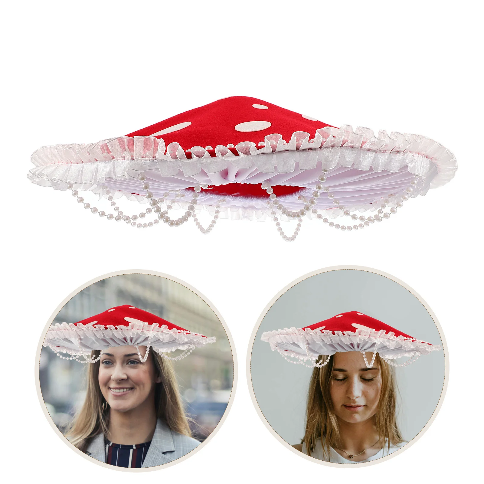 

Red Mushroom Hat Cosplay Party Accessory Fake Pearl Tassel Women Cap Decoration Halloween Costume Mushroom Hat