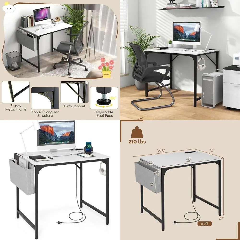 

32-inch Modern Study Desk with Charging Station, Storage Bag, and Metal Frame for Home Office