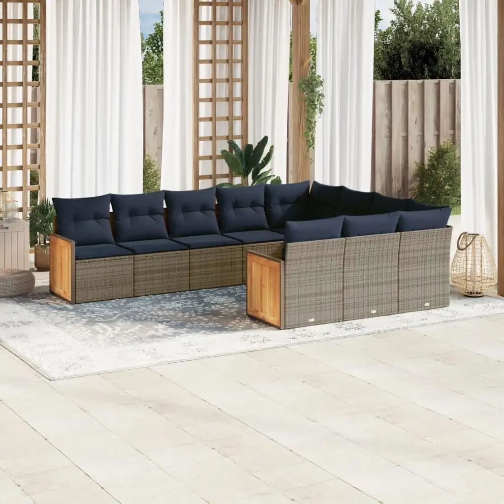 

10 Piece Gray Poly Rattan Outdoor Sofa Set with Cushions Comfortable Patio Furniture