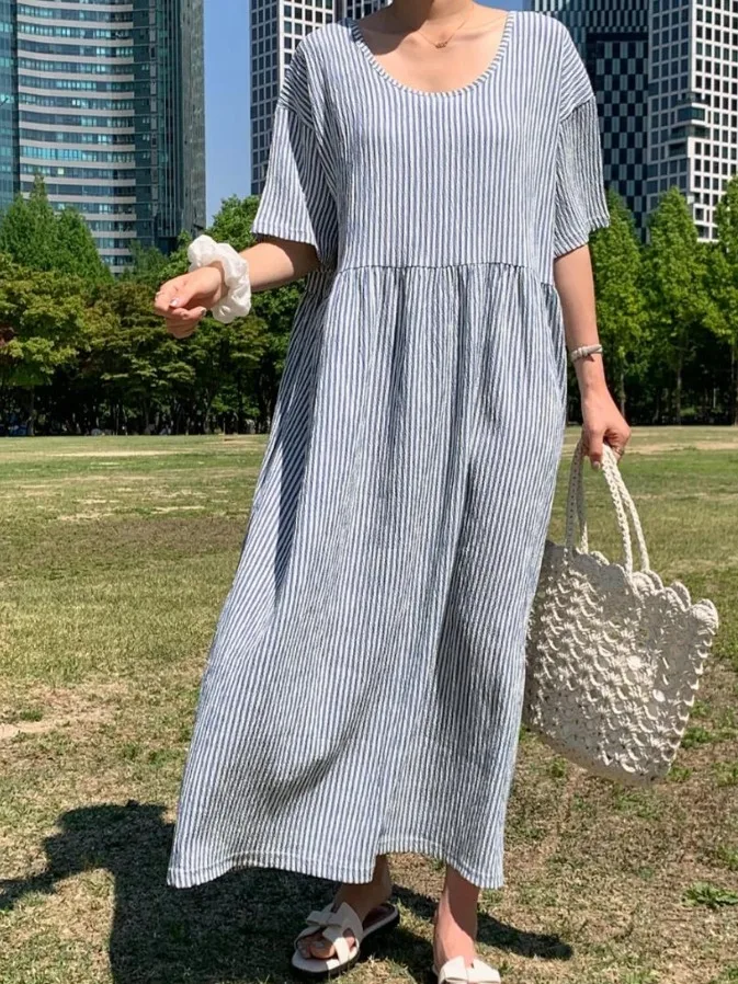 

Шикарное летнее женское платье в полоску с круглым вырезом, свободного кроя, скрывающее недостатки фигуры, длинная юбка в корейском стиле, повседневное платье