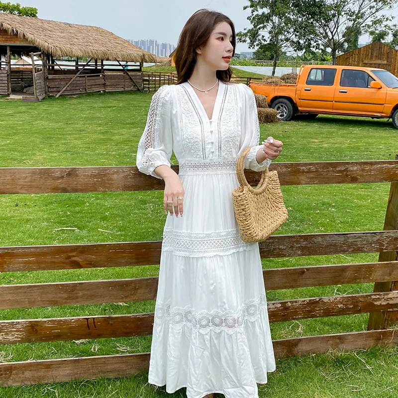 

White Lace Long Sve Dr Desert Photoaphy Holiday Sle Beach Skirt V Ne Other Material 00% Spring Autumn Other