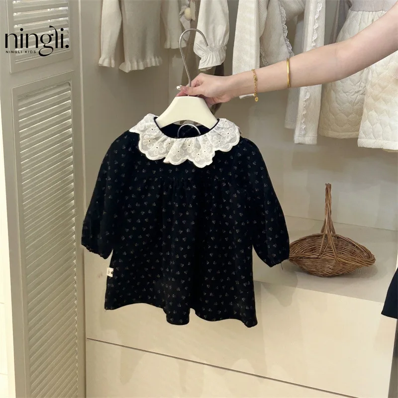 

NL-Girls' Dress Autumn New Girls' Retro Style Floral Skirt Children's Lace Lapel Princess Dress