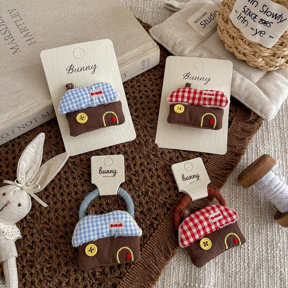 

Children's Hairpin Cartoon Plaid Button House Bangs Side Clip Hairpin Hair Clip Fabric Elastic Hair Band Girl Hair Accessories