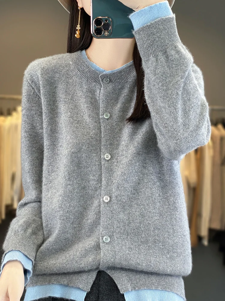 

New Tide Autumn Winter Women Sweater 100% Merino Wool Knitwear O-Neck Cardigan Female Grace Soft Clothes Solid Color Warm Tops