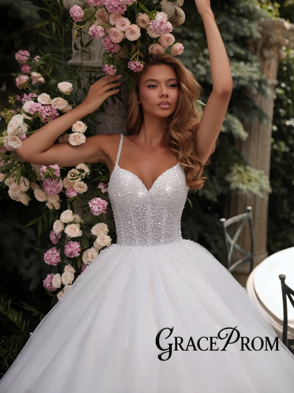 

Sparkly Tulle Sweetheart Neckline Spaghetti Straps Ball Gown Wedding Dress Long Train Garden Delicate Pearls Bridal Gown