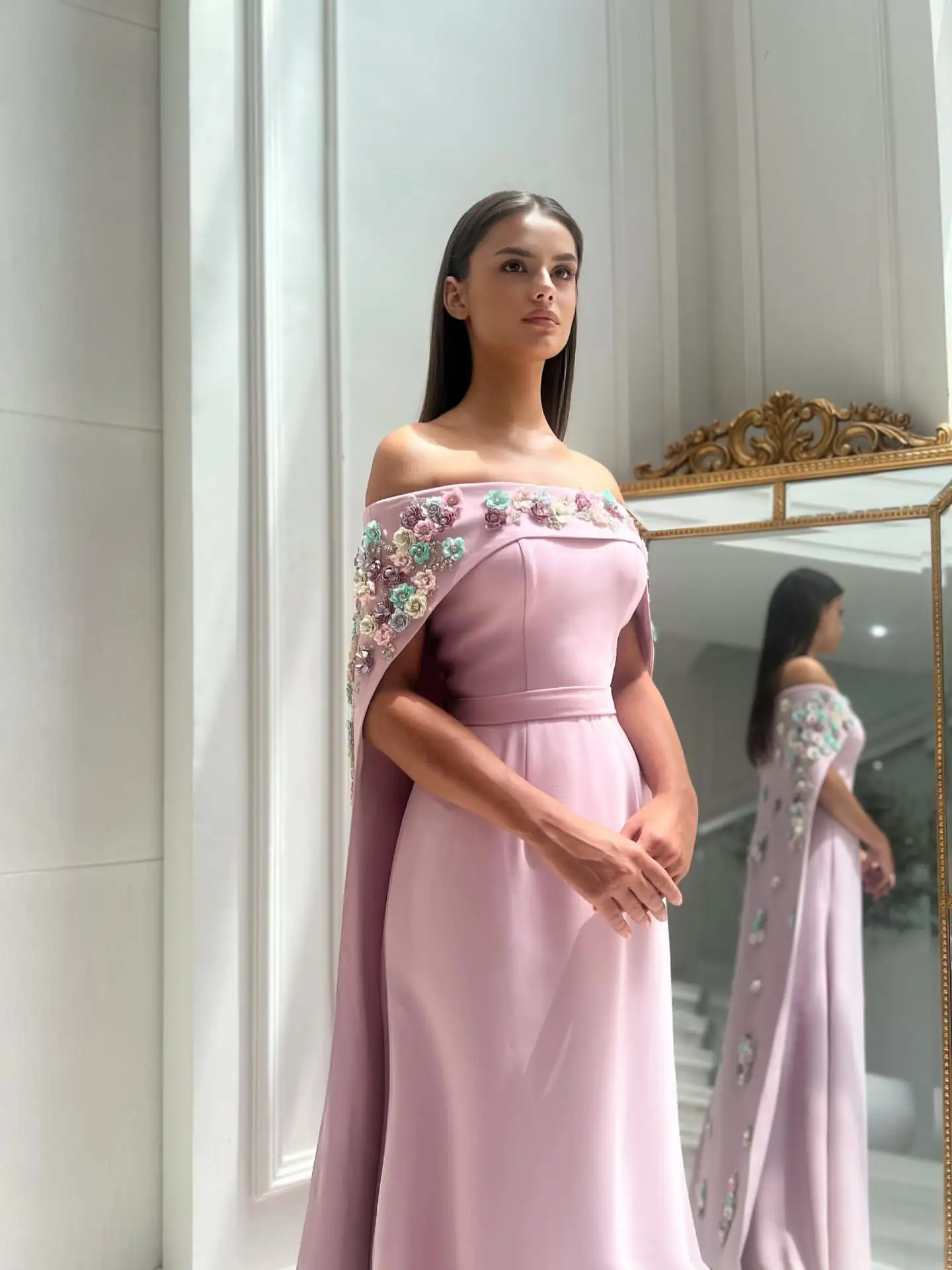 

Gowns Customized Elegant Dresses For Special Occasions Evening A-line 3D Flower Beads Off-the-shoulder Satin Floor length Prom