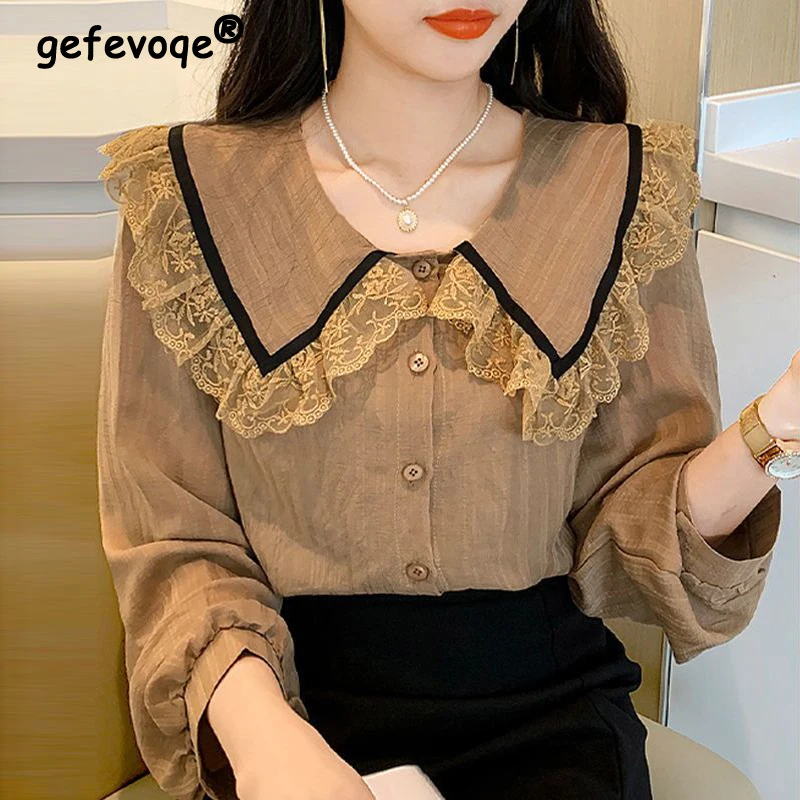 

Women Vintage Lace Patchwork Peter Pan Collar Shirts Spring Autumn Trendy Chic Sweet Blouses Solid Loose Tops Long Sleeve Blusa