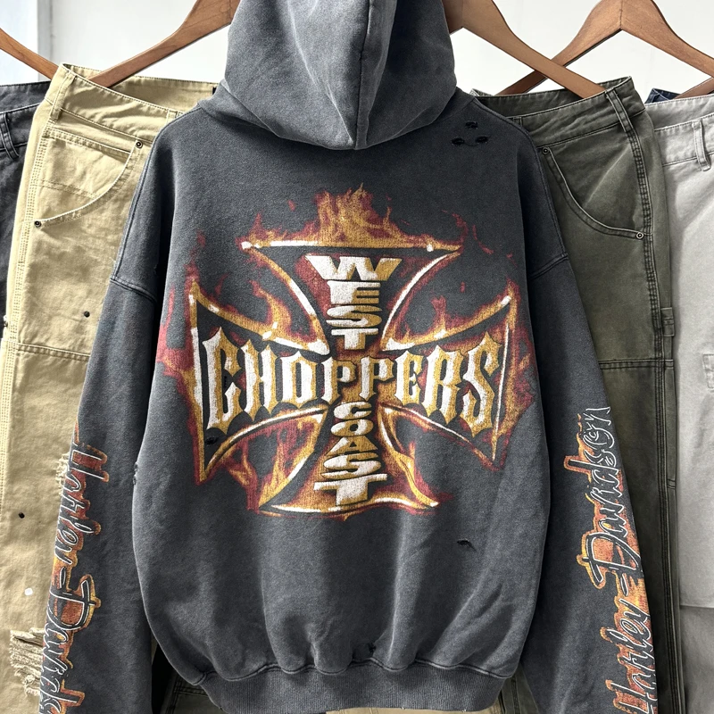 سويت شيرت رجالي من American High Street Hip Hop West Coast Chopper بلوفرات بغطاء للرأس بشعار اللهب الذهبي